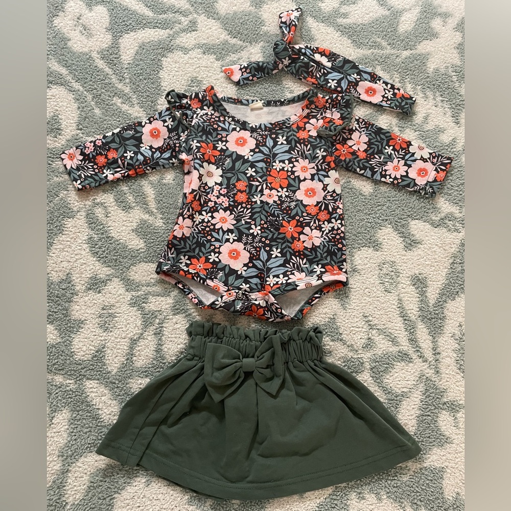Baby Girl Matching Set Headband Floral Green Skirt 3-6M 💚